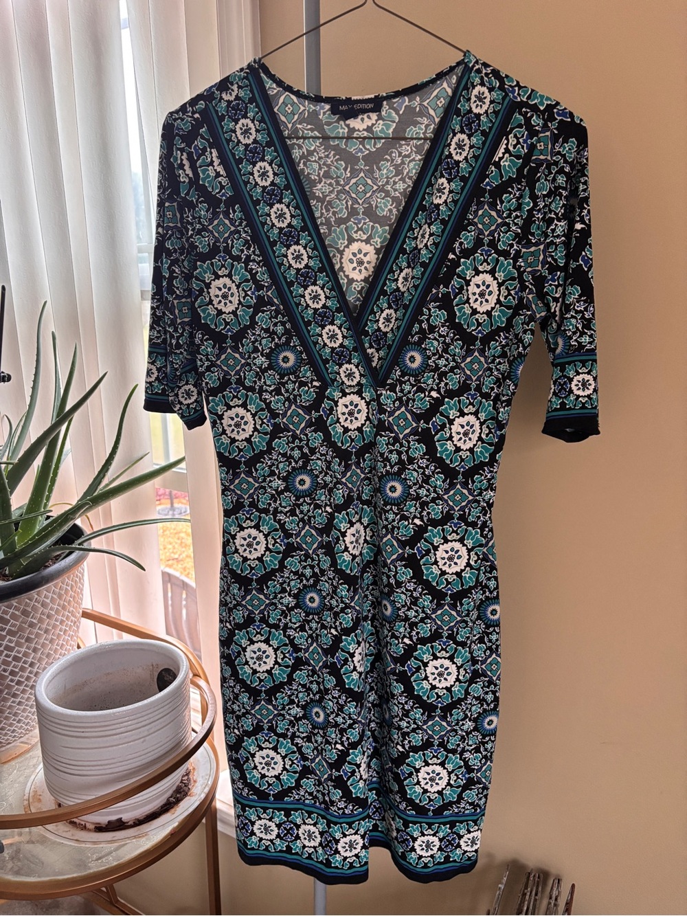 Max Edition Black & Teal Floral V-Neck Midi Dress
